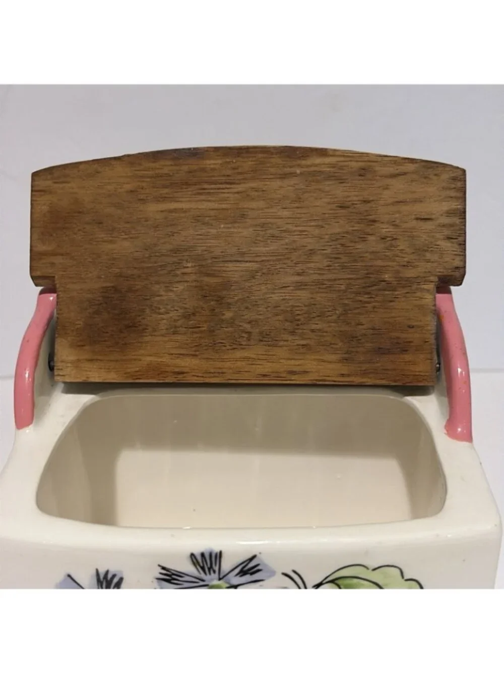 Vintage Floral Salt Cellar Box With Wooden Lid Ceramic Farmhouse Japan 4.5